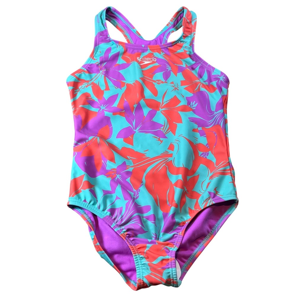 Speedo Girls One Piece Swimsuit Racerback Floral Purple Teal Coral Size 8 NWT